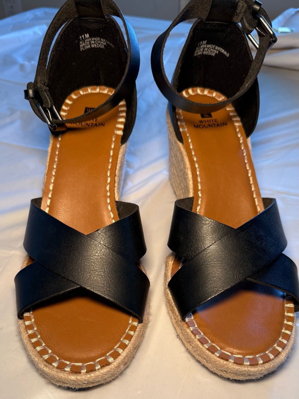 White Mountain Black and Tan Espadrille Wedge Sandals